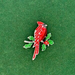 Mint Red Cardinal Bird Christmas Enamel Rhinestone Brooch Pin Silver Tone